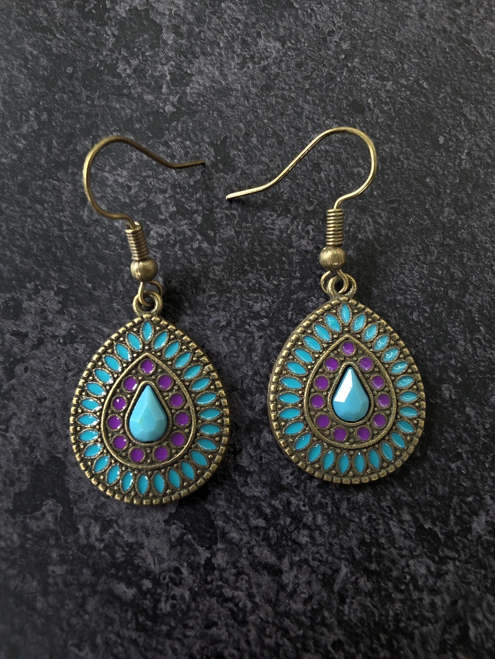 Vintage Bronze Enamel Mandala Dangle Statement Earrings Boho Jewelry Green